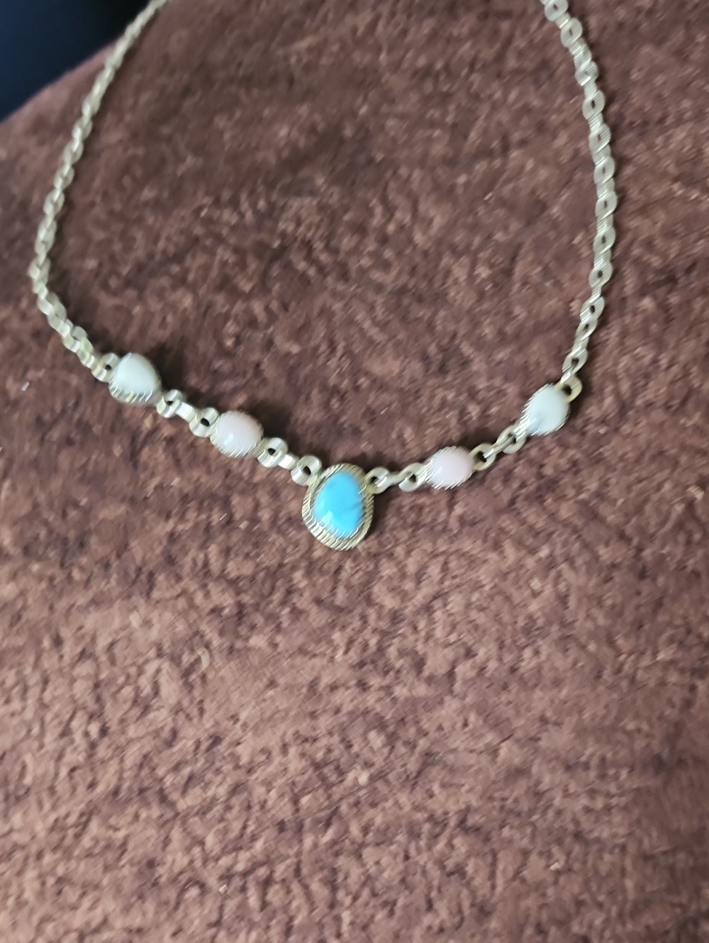 Sterling Silver Necklace with Blue Turquoise and Pink Opal & White Stone Accents
